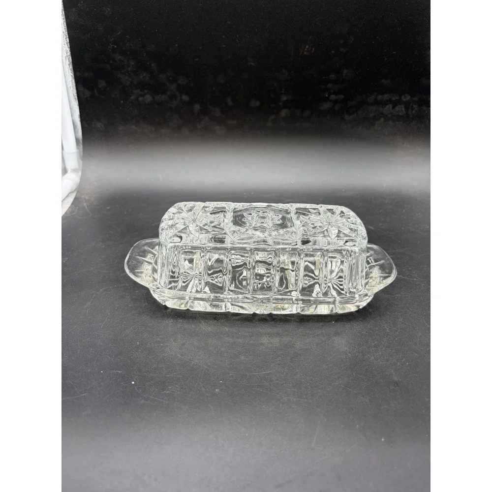 Vintage Clear Pressed Glass Butter Dish with Lid Starburst Pattern Rectangular